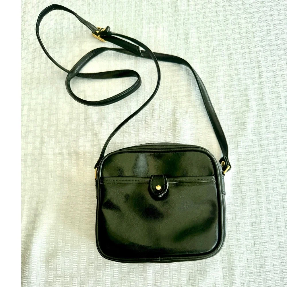 Vintage Black Faux Leather Crossbody Bag Square‎ Camera Bag Gold Hardware